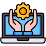 Ikona komputera i rąk symbolizująca wsparcie techniczne i analizę ćwiczeń.