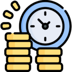 Ikona zegara i monet symbolizująca oszczędność czasu poprzez brak konieczności dojazdów.