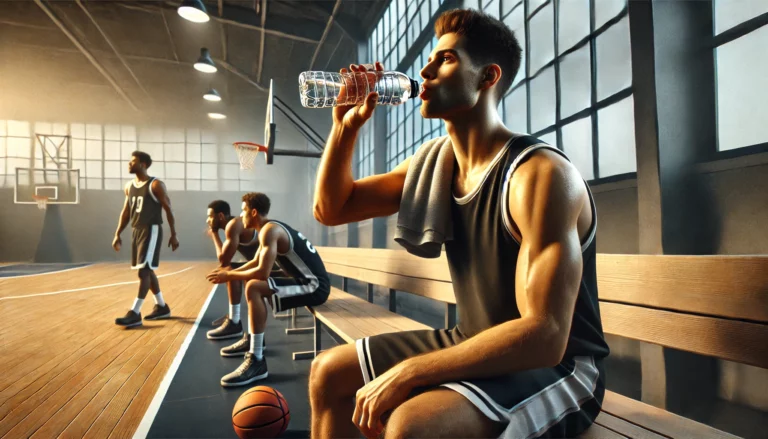 Koszykarz siedzący na ławce, pijący wodę z butelki podczas przerwy w grze. W tle hala sportowa i inni zawodnicy.