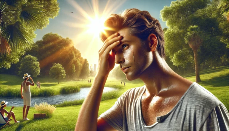 Mężczyzna ocierający pot z czoła w upalny dzień na tle zielonego parku. Objawy odwodnienia i przegrzania organizmu.