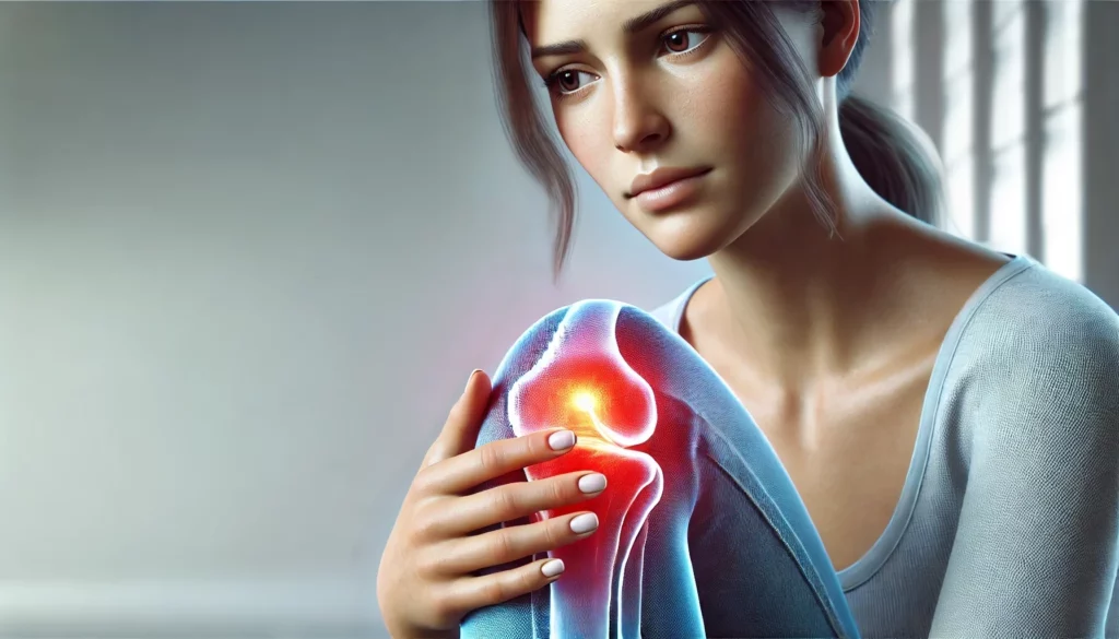 Kobieta trzymająca się za kolano, przedstawione w stylu rentgenowskim z czerwoną poświatą wskazującą ból lub kontuzję.
