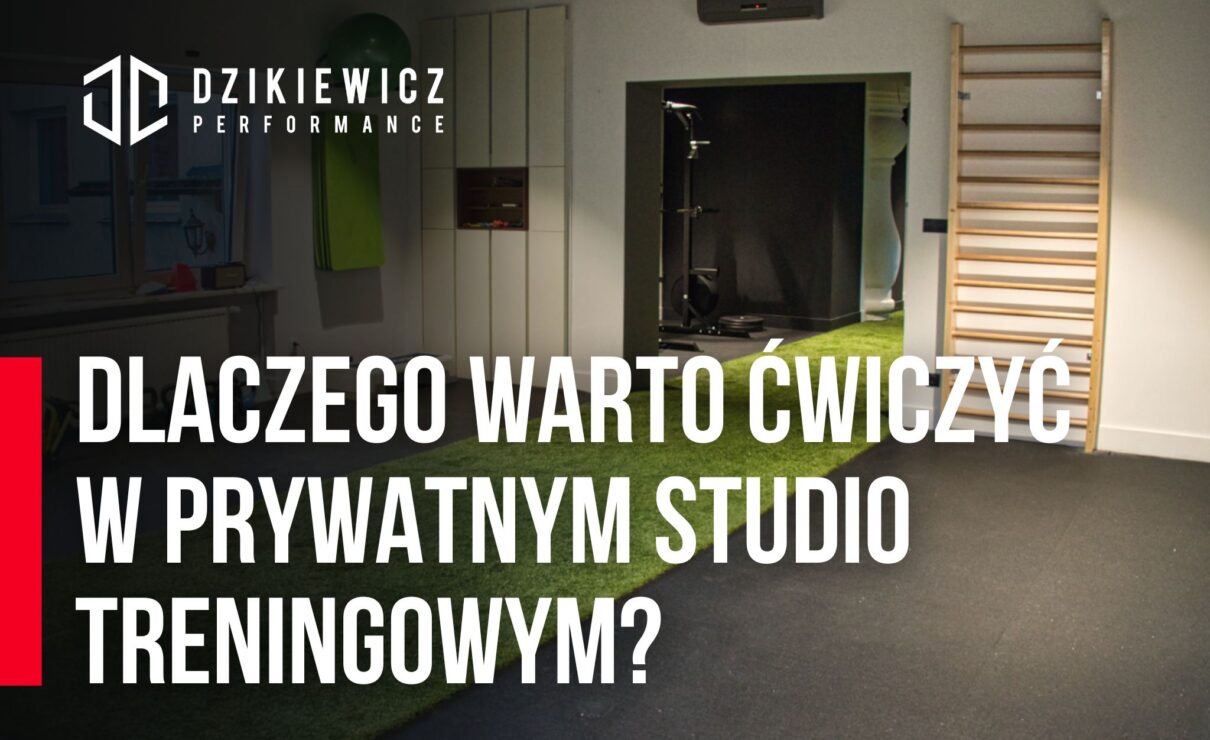 Prywatne studio treningowe w Poznaniu z drabinką gimnastyczną, zieloną nawierzchnią i sprzętem do ćwiczeń siłowych – widok wnętrza